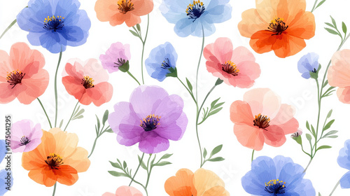 Fototapeta Naklejka Na Ścianę i Meble -  Bright and colorful floral pattern featuring various flowers in shades of blue, pink, orange, and purple, creating cheerful atmosphere