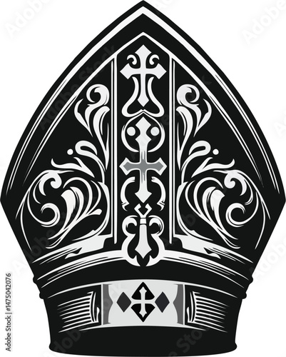 Black and White Gothic Bishop Mitre Illustration with Ornate Cross and Baroque Floral Design – Vector Church Hat Art