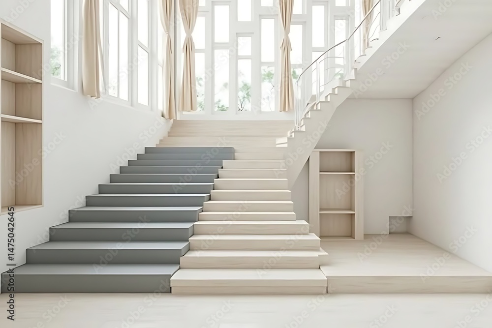 Fototapeta premium Elegant Staircase Design: Gray and Light Wood Steps in a Bright, Minimalist Interior With Large Windows.