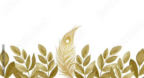 A single golden feather stands tall amongst delicate, golden leaves against a . The image evokes feelings of elegance and nature. Isolated on white or transparent background