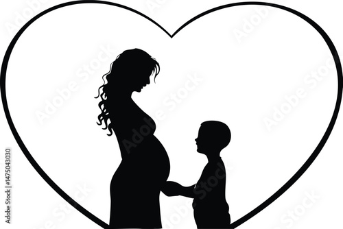 Silhouette of child touching pregnant mother's belly in heart frame