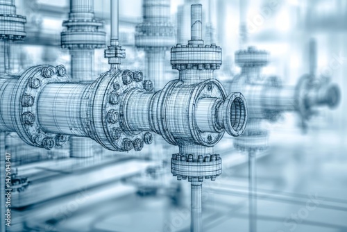 Detailed industrial pipeline schematic in a factory setting.