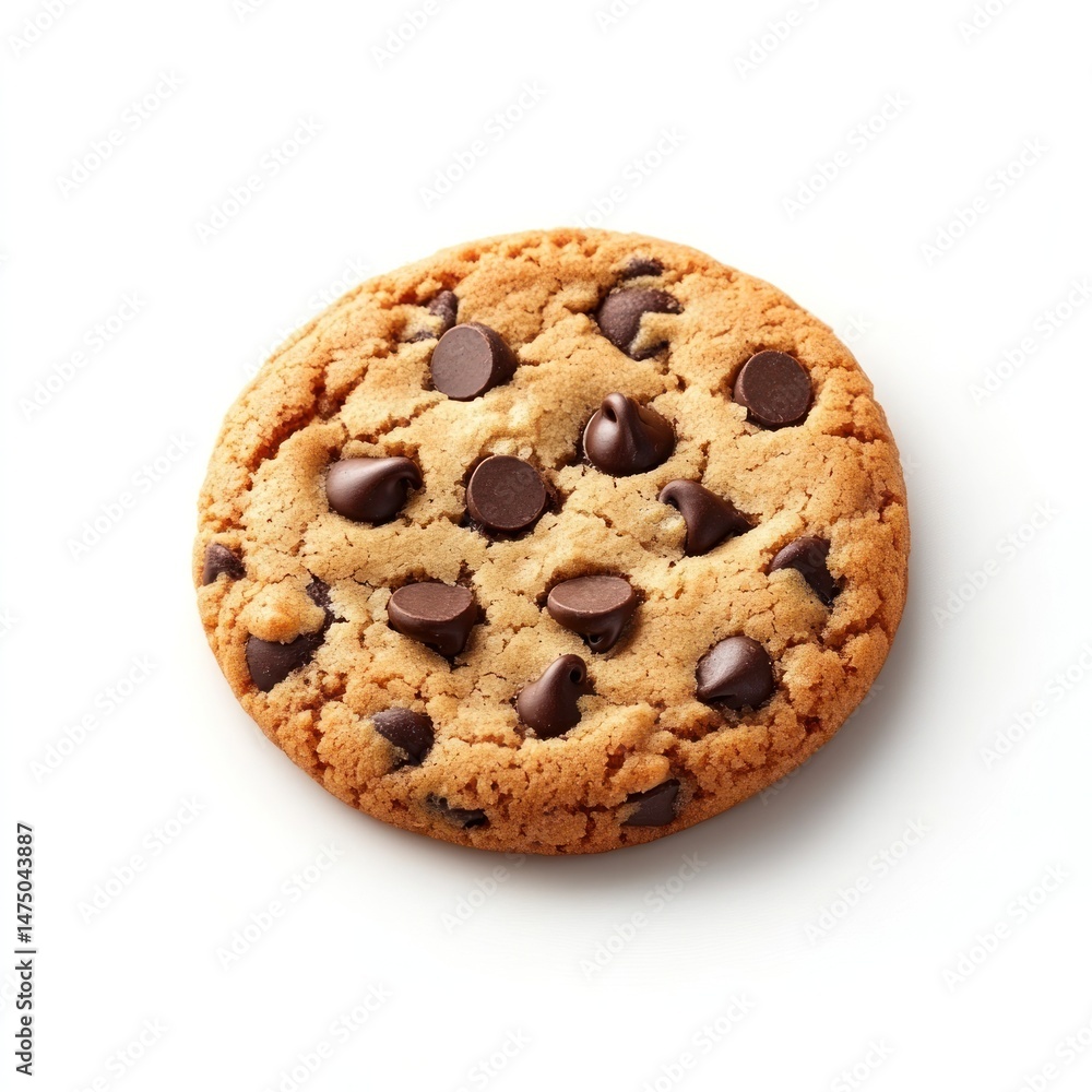 Closeup of a single freshly baked chocolate chip cookie resting on a plain white background The cookie is golden brown in color with melted chocolate chips visible throughout the crisp Closeup of a single freshly baked chocolate chip cookie resting on a plain white background The cookie is golden brown in color with melted chocolate chips visible throughout the crisp