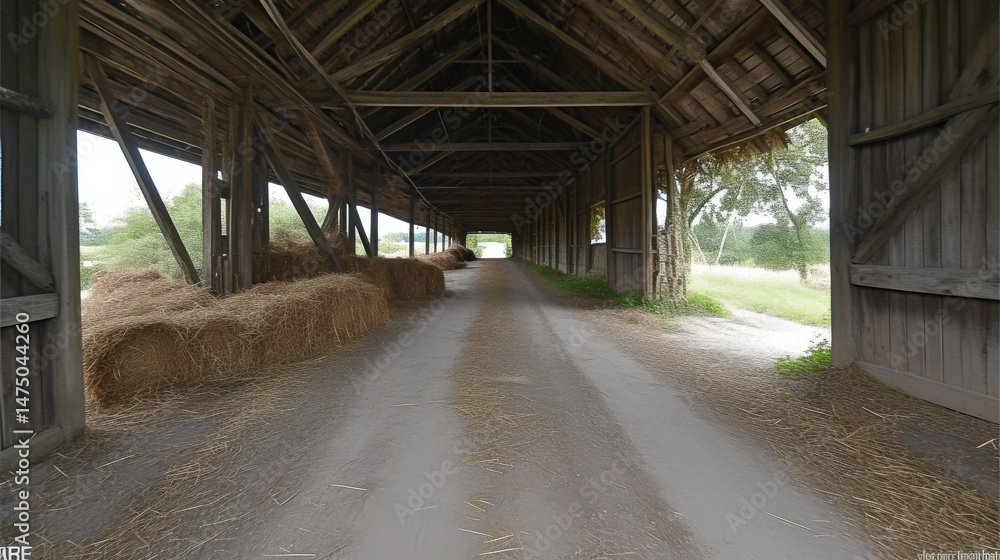 Rustic barn interior showcasing hay bales and open pathways with natural lighting and wooden architecture Rustic barn interior showcasing hay bales and open pathways with natural lighting and wooden architecture