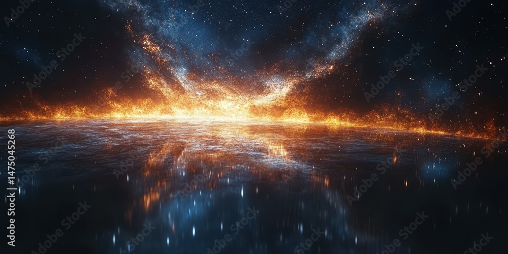 Vibrant cosmic horizon with flames and stars reflecting on still water at night Vibrant cosmic horizon with flames and stars reflecting on still water at night
