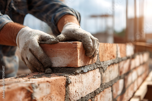 Industrial worker building strong brick foundation