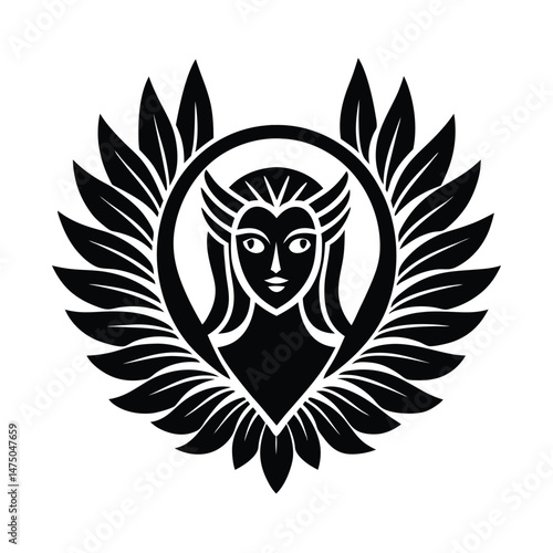 Intricate black and white illustration of a winged maiden surrounded by leafy wings for elegant design purposes