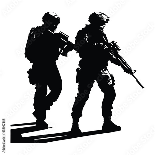 Silhouette vector set of an American soldier holding a gun. On white background