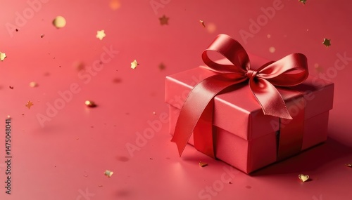 Elegant red ribbon tied gift boxes, gold accents, seamless, tileable