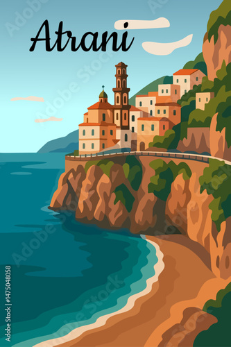 immagine vettoriale di una nota località turistica della costiera amalfitana, si tratta di Atrani, stile Art-Decò