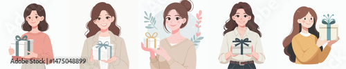 a woman smiling while holding a gift style vector flat design
