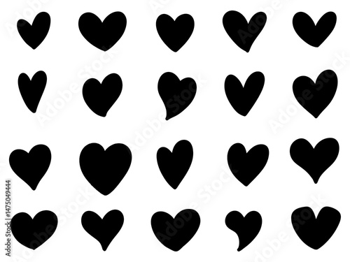 Twenty black heart shapes arranged in four rows on a light gray background. Simple and graphic.