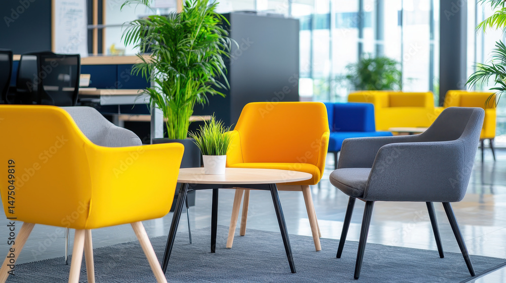 Fototapeta premium Bright and modern co working space featuring vibrant yellow and gray chairs, round table, and lush greenery, creating inviting atmosphere