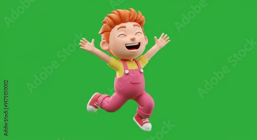 Joyful 3D Cartoon Boy Leaping Against Green Screen
