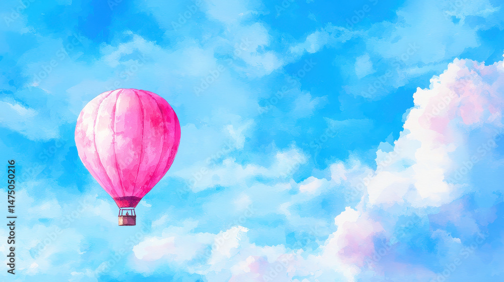 Naklejka premium Vibrant pink hot air balloon floats gracefully in bright blue sky filled with fluffy clouds, evoking sense of adventure and freedom