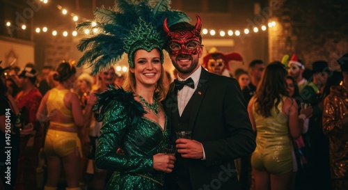 Vibrant costume party with festive decorations and lively atmosphere in the background