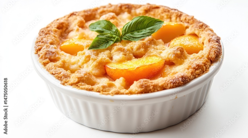 Freshly baked peach pie served in a white ceramic baking dish showcasing a crisp flaky golden crust and a juicy sweet filling The tart is garnished with fresh basil leaves Freshly baked peach pie served in a white ceramic baking dish showcasing a crisp flaky golden crust and a juicy sweet filling The tart is garnished with fresh basil leaves