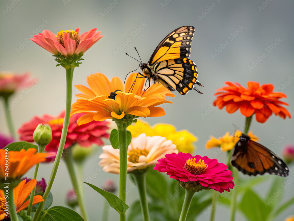 Bee biodiversity Vibrant flowers with butterflies create a colorful garden scene. Bee biodiversity Vibrant flowers with butterflies create a colorful garden scene.