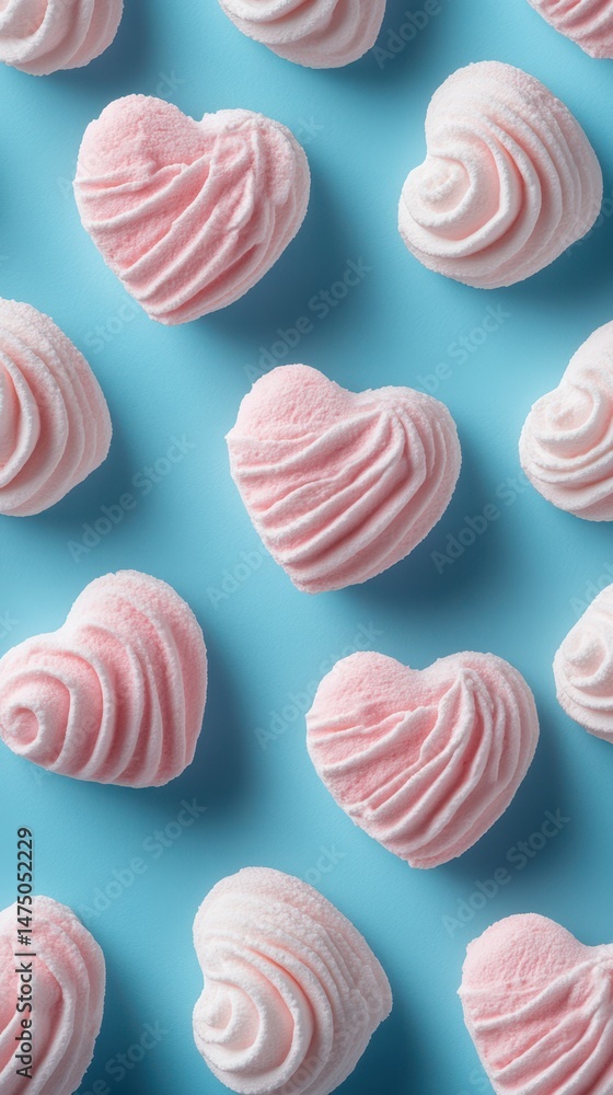 Whimsical pink heart-shaped meringues arranged on a blue background create a delightful sweet treat display Whimsical pink heart-shaped meringues arranged on a blue background create a delightful sweet treat display