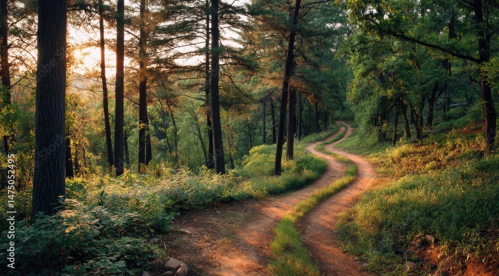 Fototapeta premium Sunlight streams through a winding forest path