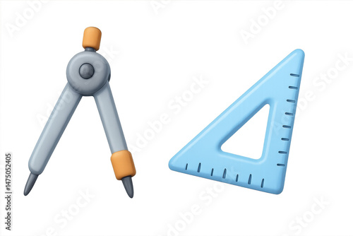 Geometric tools - 3d compass and blue triangle ruler