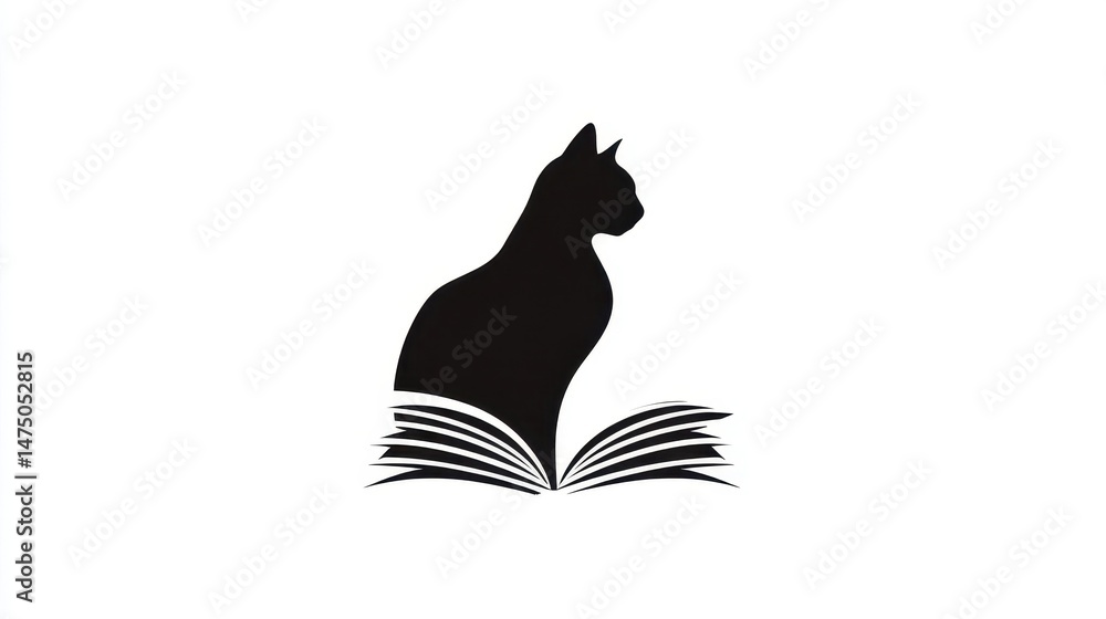 Obraz premium Silhouette of a cat seated upon open book pages.