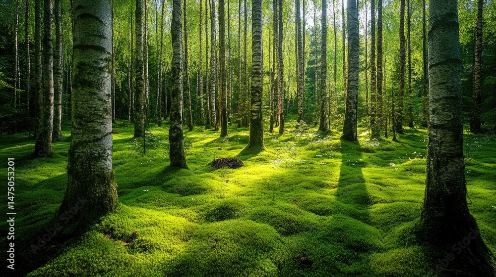 Obraz premium Sunlit Birch Forest: A Serene Tapestry of Green