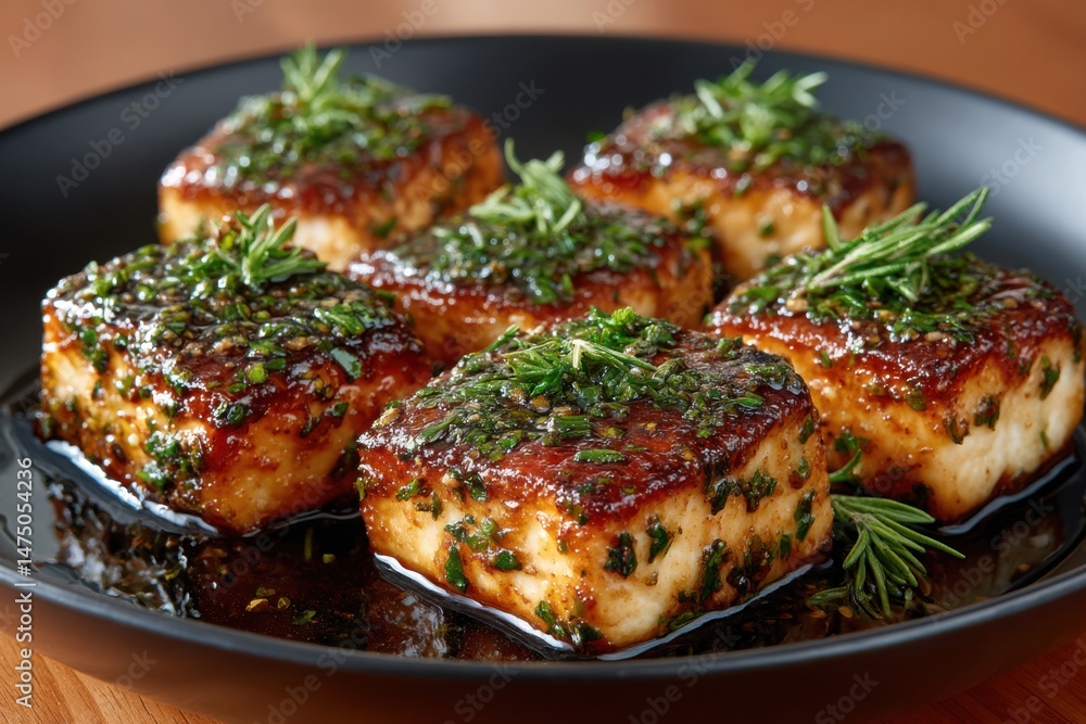 Grilled tofu squares garnished with fresh herbs served on a black plate in a rustic kitchen setting during daylight Grilled tofu squares garnished with fresh herbs served on a black plate in a rustic kitchen setting during daylight