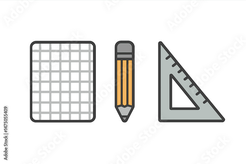 Geometric art tools: graph paper, pencil, and triangle ruler illustration
