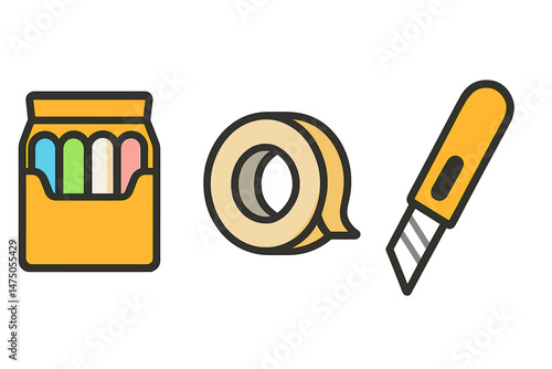 Colorful highlighters, tape roll, and utility knife icons on gray background