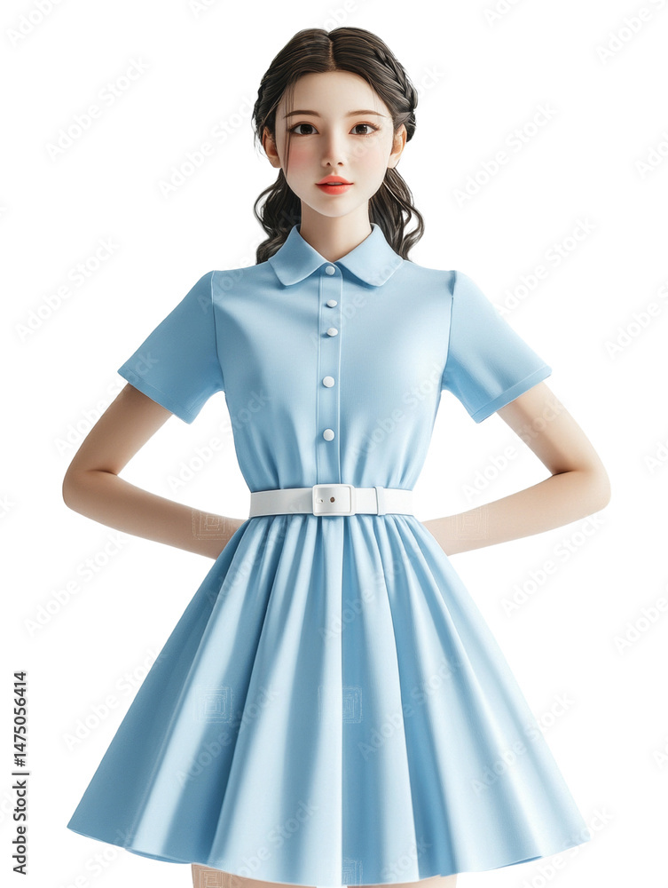 Elegant digital portrait of a young woman in a light blue dress, gracefully standing with soft lighting, isolated on transparent scenery Elegant digital portrait of a young woman in a light blue dress, gracefully standing with soft lighting, isolated on transparent scenery