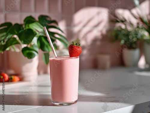 Refreshing pink protein shake topped with a strawberry in a bright kitchen