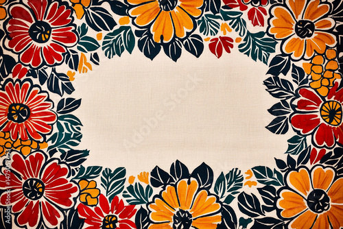 Bright floral Indian block print fabric with bold red, yellow, and green patterns framing a natural woven center.