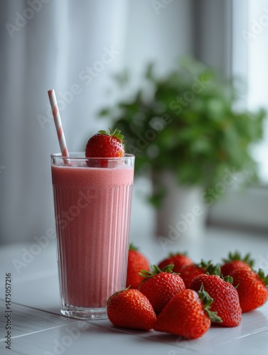 Refreshing protein shake with strawberries served in a bright kitchen