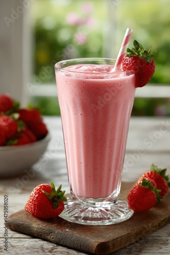 Delicious protein shake garnished with fresh strawberries for health