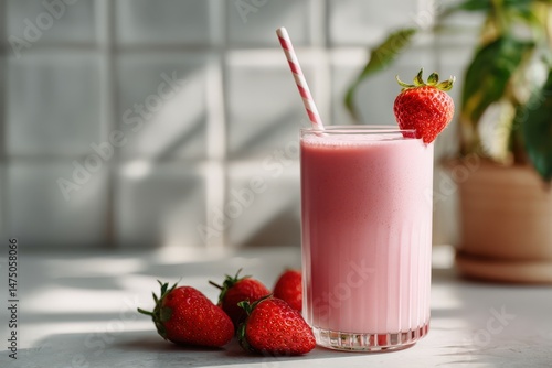 Protein shake with fresh strawberries served in a glass tumbler
