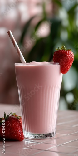 Refreshing strawberry protein shake in a glass with fresh fruit