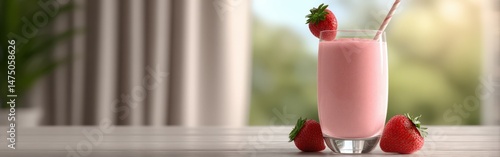 Delicious protein shake with fresh strawberries on a wooden table