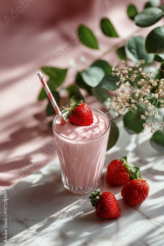 Refreshing strawberry protein shake with garnish and natural backdrop