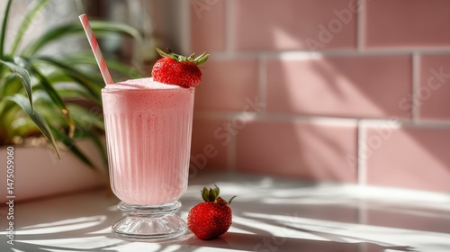 Refreshing protein shake with strawberries in a bright kitchen