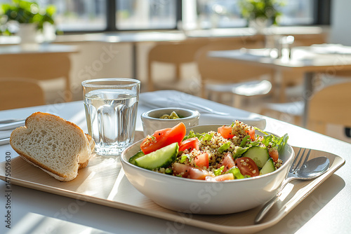 healthy vegetarian meal served on a tray in a modern cafeteria setting, featuring a fresh quinoa salad with cucumbers and tomatoes, a slice of bread, a glass of water, and a small bowl of olives