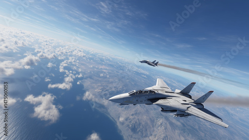 A dynamic aerial dogfight simulation shows jets performing barrel rolls and evasive maneuvers in 3D space, showcasing speed, agility, and high-tech combat action against a clear sky backdrop.