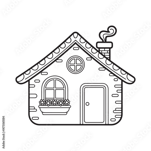 House Line art coloring page, outline cute cottage drawing, house vector art illustration design.