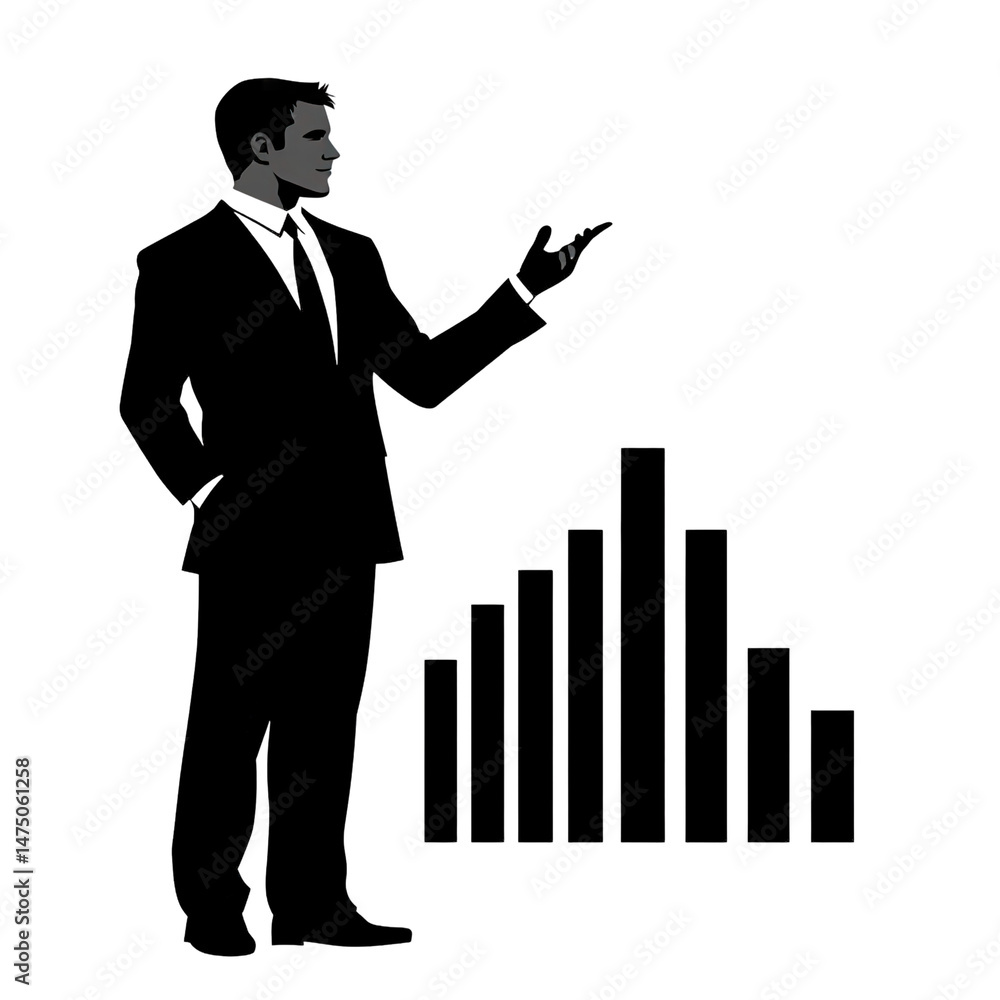 Dark silhouette of a professional pointing toward rising graph indicators Dark silhouette of a professional pointing toward rising graph indicators