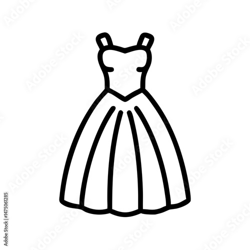 Elegant tulle evening dress in minimalist line art style, icon, vector  