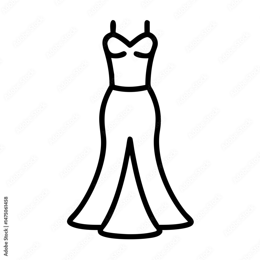 Elegant evening gown with train in minimalist line art style, icon, vector Elegant evening gown with train in minimalist line art style, icon, vector