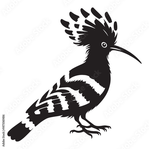 Classic Hoopoe silhouette with uplifted crest – Hoopoe illustration – Minimalist Hoopoe vector – Bird silhouette

