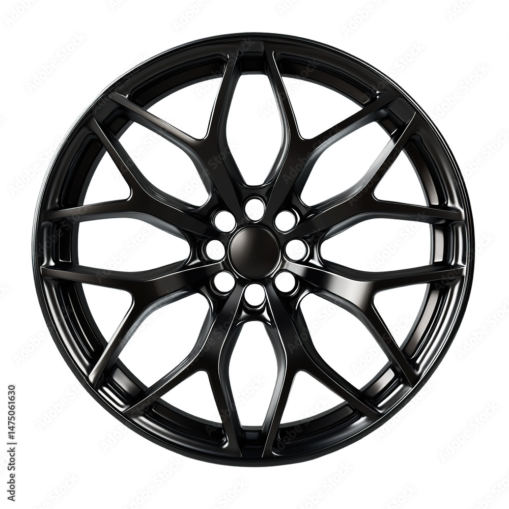 Obraz premium Sleek automotive: Matte black alloy wheel design showcased on a dark backdrop