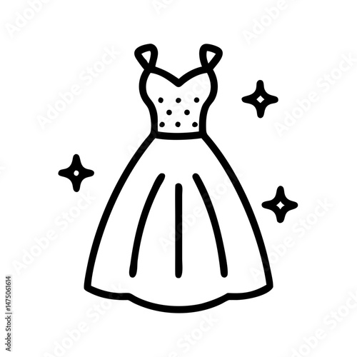 Sparkly tulle dress illustration with shine effects, icon, vector 