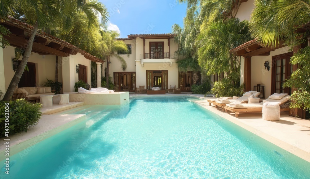 Fototapeta premium Elegant Tropical Retreat with Calm Pool Surrounded by Lush Greenery